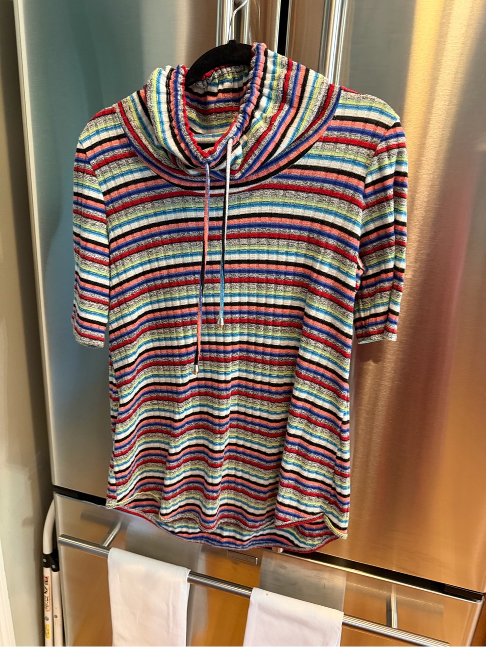 Multicolor Striped Cowl Neck Short-Sleeve Hoodie